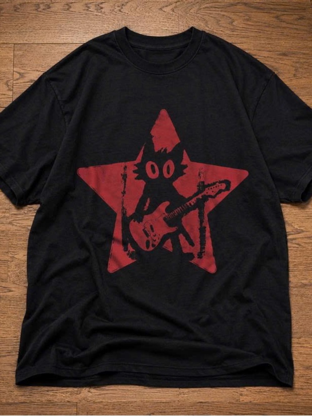Men's Black Short Sleeve Graphic Tee with Red Star Cat Guitar